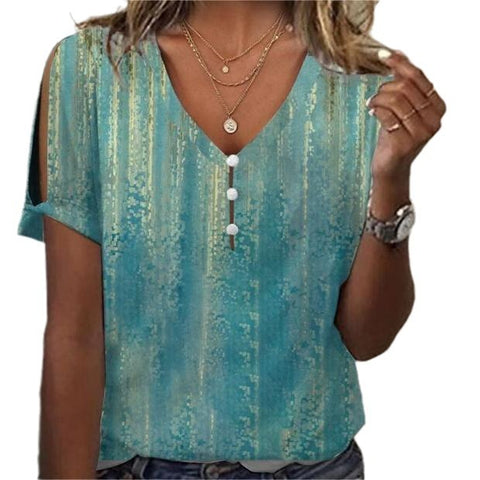 3D printed V-neck button-up T-shirt top daily short-sleeved m301263