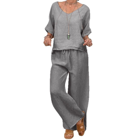 Casual V-neck pullover five-quarter sleeves plus trousers multi-colored women's two-piece set m301430