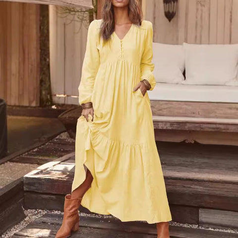 Button cotton and linen retro casual long-sleeved dress big swing long dress multi-color m301374