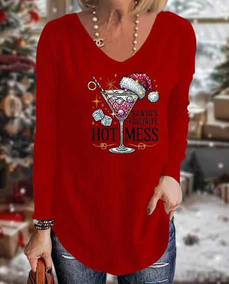Loose 3D V-neck long-sleeved T-shirt women's Christmas printed bottoming shirt m302098