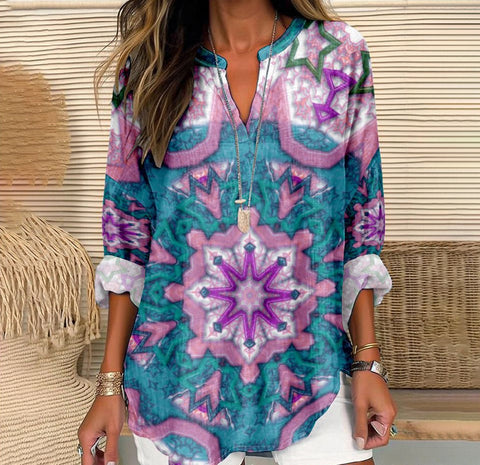 3D marble shading trendy V-neck shoulder shirt curved hem long sleeve m301292