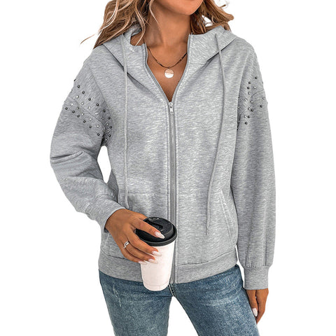 Hooded long-sleeved sweater autumn and winter solid color rivet casual fashion sweater jacket women m300810