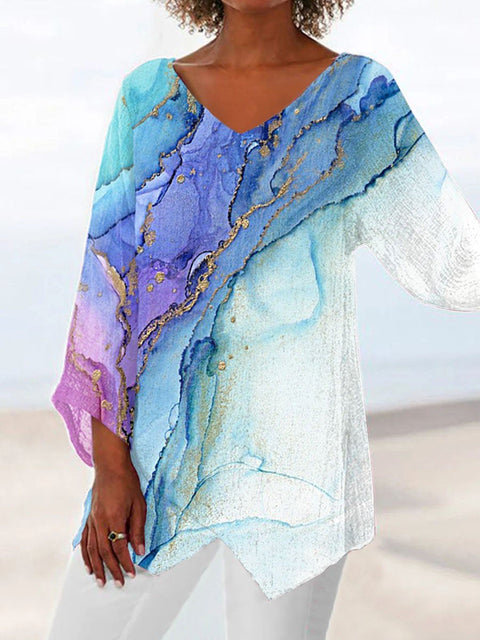 Women's printed animal natural scenery V-neck nine-quarter sleeve loose T-shirt m301289