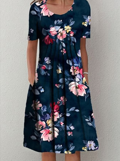 Spring/Summer Flower Printed Round Neck Pocket Mid length Dress for Women's Clothing m300037