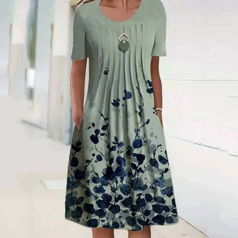 Spring/Summer Floral Print Crew Neck Pocket Medium Length Dress m300905