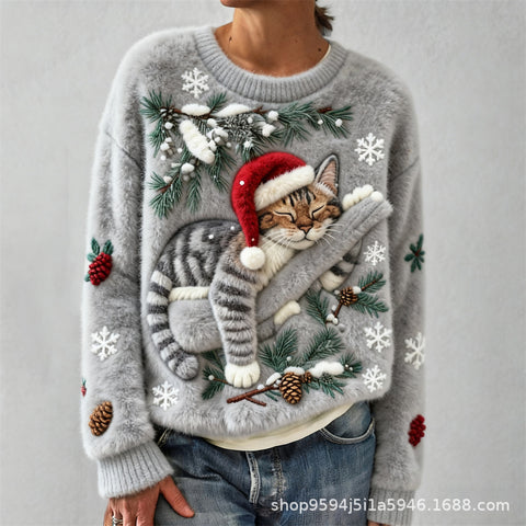 Digital printed flannel christmas ladies crew neck sweater autumn and winter m302198