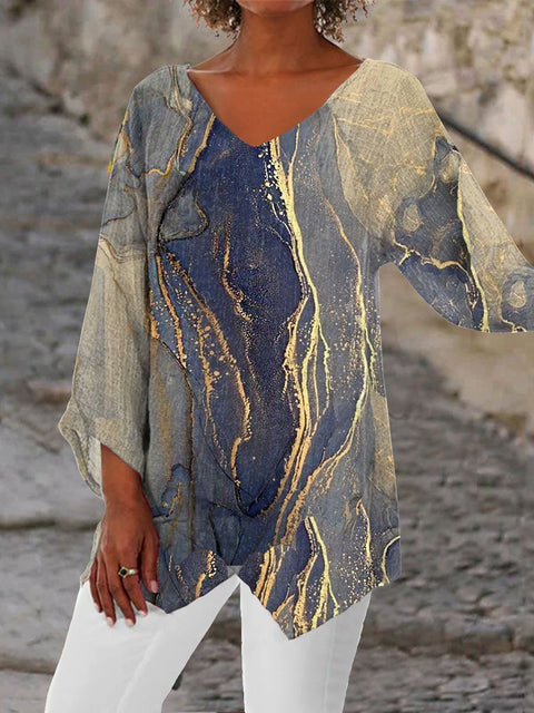 Women's printed animal natural scenery V-neck nine-quarter sleeve loose T-shirt m301289