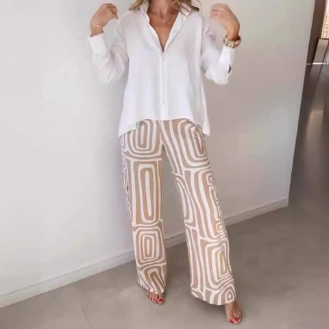 Casual suit women's high-end digital printing commuter shirt loose trousers two-piece set m301306