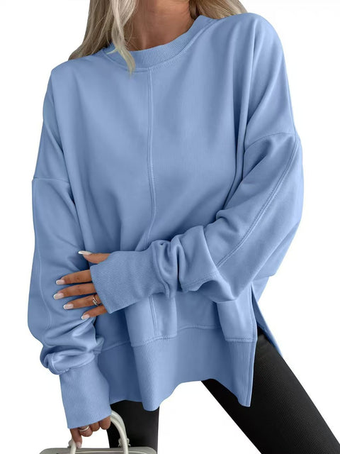 Loose sweater side split splicing round neck bat sleeve fleece top m302100