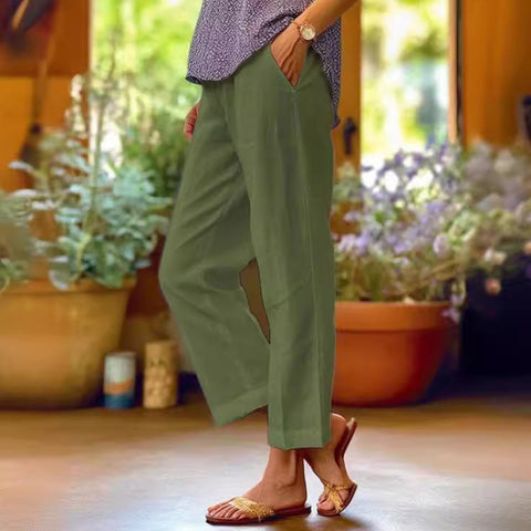 Cotton and linen loose solid color elastic waist pocket straight casual pants m301571
