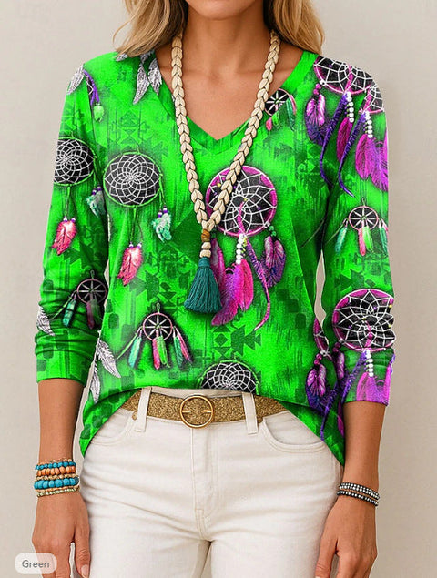 Printed loose long-sleeved V-neck T-shirt m301566