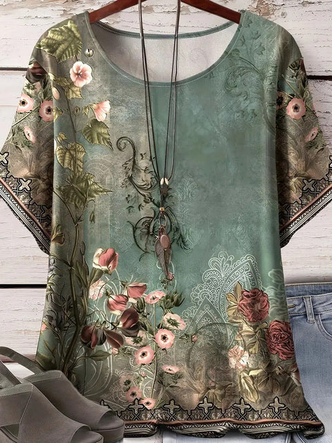 Retro printed cotton short-sleeved T-shirt early spring new versatile crew neck bottoming shirt m301287