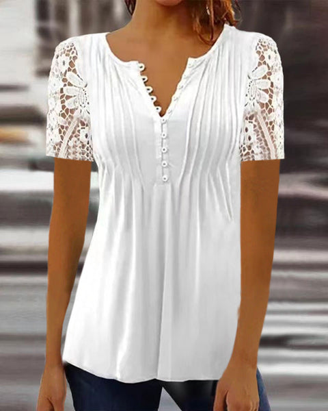 Lace Sleeve Pleated Solid Color Button T-Shirt Bottom Shirt m301333