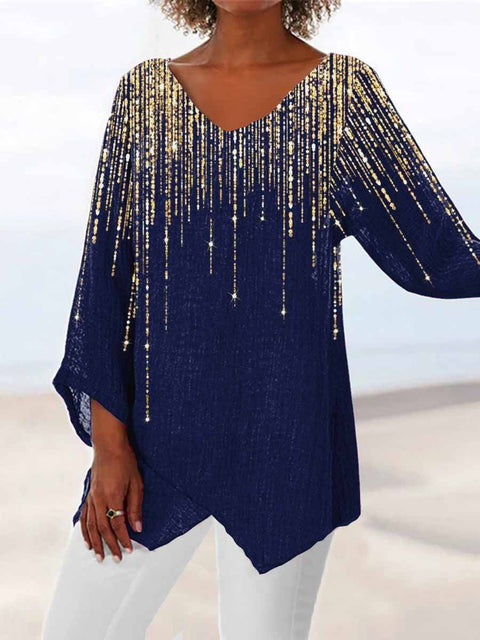 Women's printed animal natural scenery V-neck nine-quarter sleeve loose T-shirt m301289