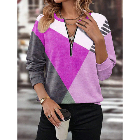 Autumn and winter color matching loose zipper long-sleeved V-neck sweater m300608