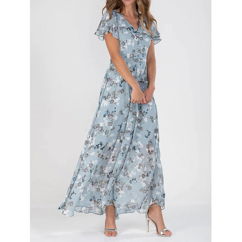 Beach pendulum long dress chiffon floral short-sleeved ruffle V-neck fashion waist dress m301342