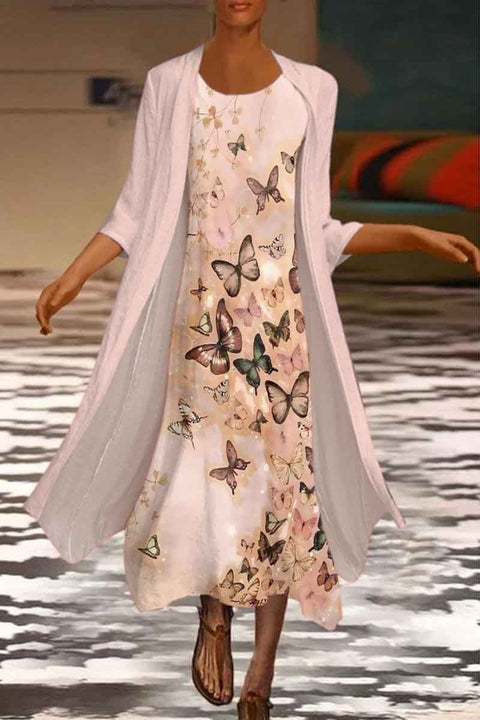 New women's long dress two-piece set flower and grass print crew neck dress m301251