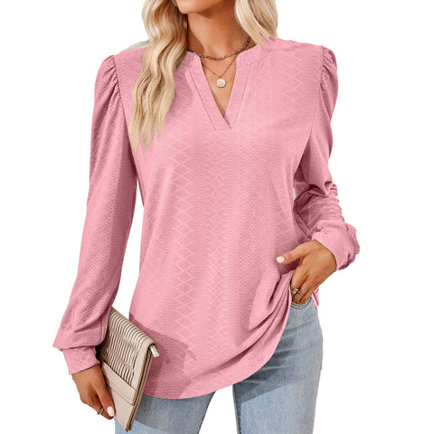Solid color V-neck jacquard long-sleeved loose T-shirt top m300402