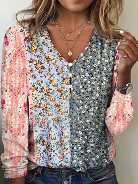 V-neck star tie-dye pearl button long-sleeved T-shirt sweater m300609