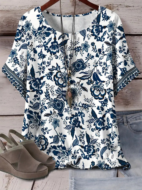 Retro printed cotton short-sleeved T-shirt early spring new versatile crew neck bottoming shirt m301287