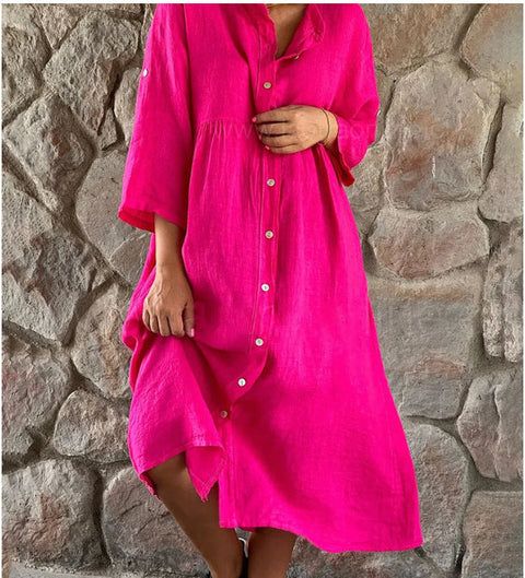 Cotton and linen solid color casual stand-up collar button long dress m301322