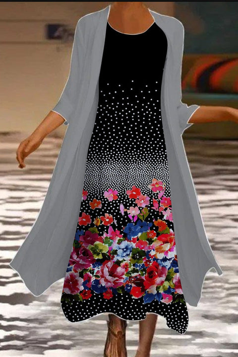 New women's long dress two-piece set flower and grass print crew neck dress m301251