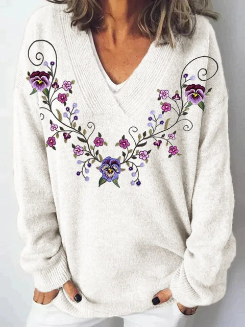 Autumn and winter imitation sweater printing foreign trade new women's pullover V-neck casual fashion long-sleeved top m302113