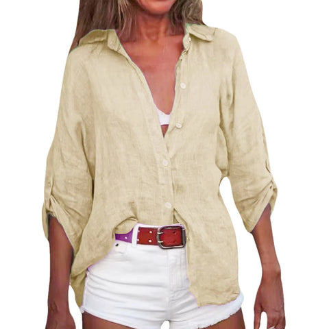 Women's Cotton and Linen Solid Color Loose 3/4 Sleeve Shirt M300358