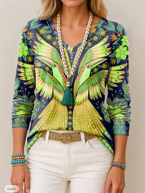 Printed loose long-sleeved V-neck T-shirt m301566