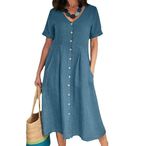 New solid color loose high waist cotton and linen dress m301192