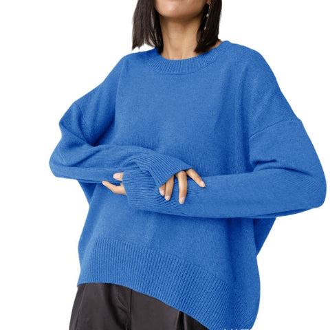Women's knitted sweater crew neck solid color loose sweater m300667