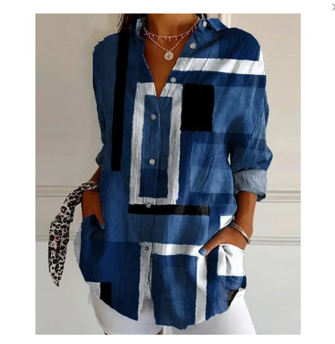 3D digital printing abstract pattern women's long-sleeved buckle linen shirt m301277