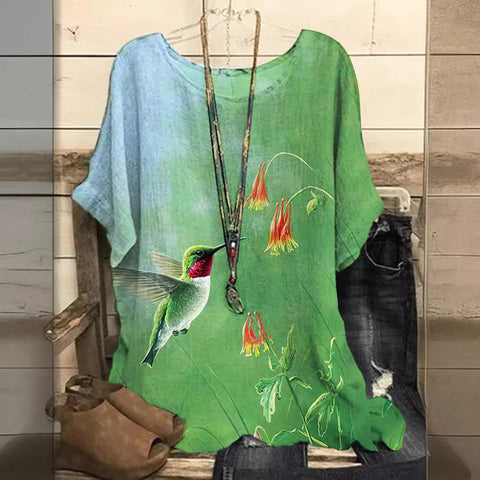 Loose round neck short-sleeved cotton and linen top women's m301281