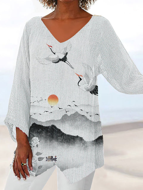 Women's printed animal natural scenery V-neck nine-quarter sleeve loose T-shirt m301289