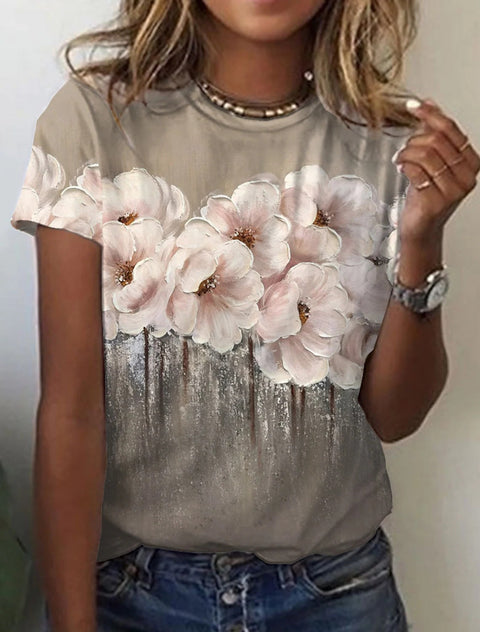 Women's T-shirt pink blue green flower print short sleeve m300912