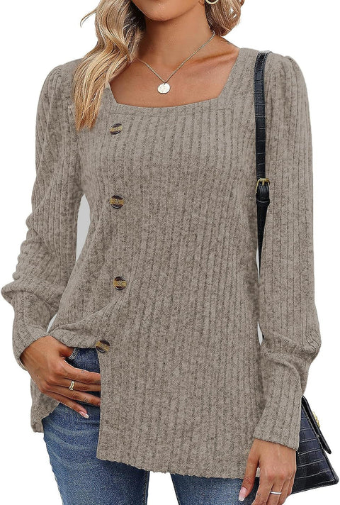 Autumn and winter new buckle square neck long-sleeved solid color women's t-shirt m300546