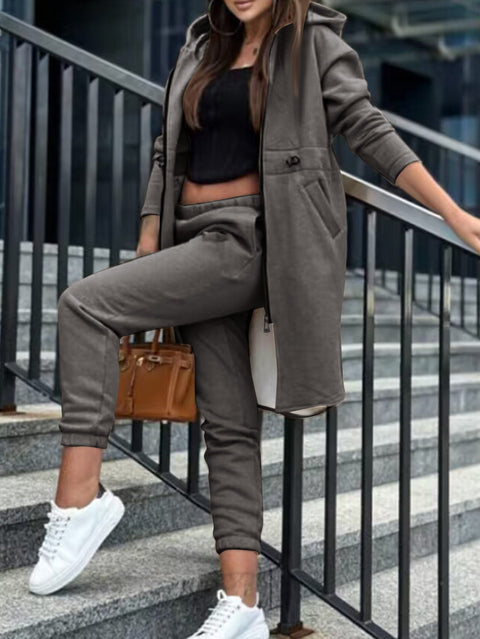 Casual hooded fleece sweater jacket two-piece set m300682