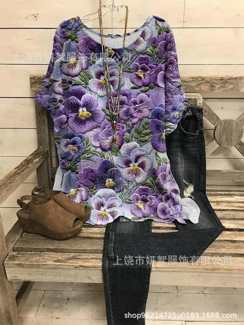 Loose round neck short-sleeved cotton and linen top women's m301281