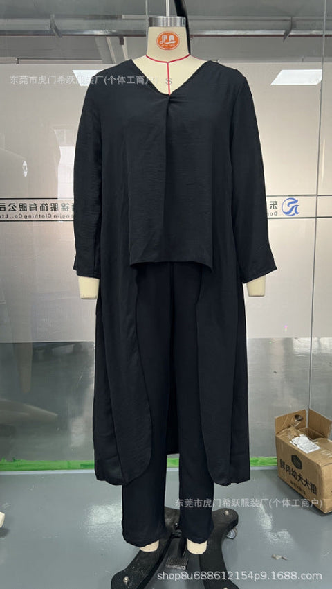 Women's summer pocket V-neck 2-piece set solid color loose women's clothing m301501