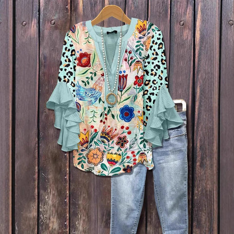 Creative floral element printing digital printing casual trend V-neck lotus edge T-shirt m301358