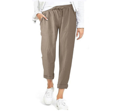 Drawstring high waist pocket loose large size cotton and linen casual pants women m301567