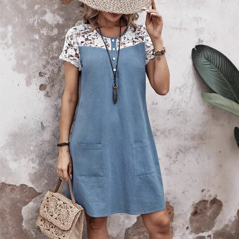 Spring and summer new women's clothing casual loose contrasting color lace splicing pocket dress m301448