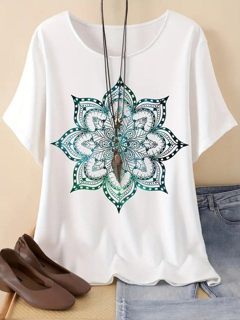 Retro printed cotton short-sleeved T-shirt early spring new versatile crew neck bottoming shirt m301287