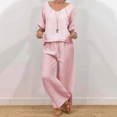 Casual V-neck pullover five-quarter sleeves plus trousers multi-colored women's two-piece set m301430