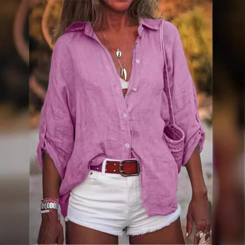 Women's Cotton and Linen Solid Color Loose 3/4 Sleeve Shirt M300358