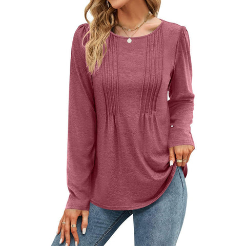 Stripe solid color round neck long-sleeved t-shirt m300549