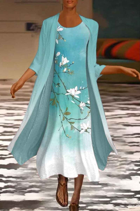 New women's long dress two-piece set flower and grass print crew neck dress m301251