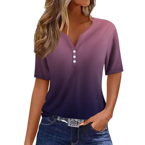 V-neck three-button 3D printed short-sleeved women's top m300617