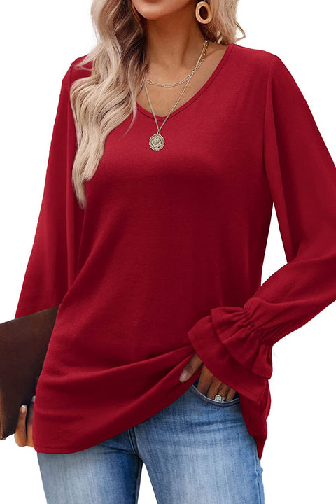 New flared sleeve long sleeve solid color t-shirt top m300552