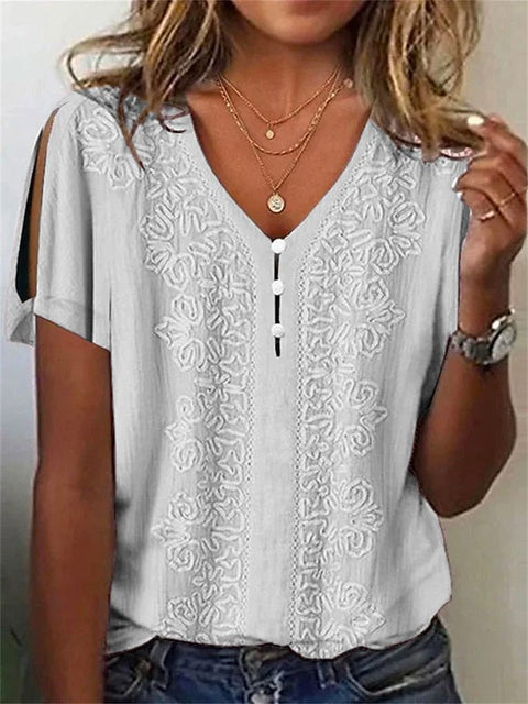 3D printed V-neck button-up T-shirt top daily short-sleeved m301263